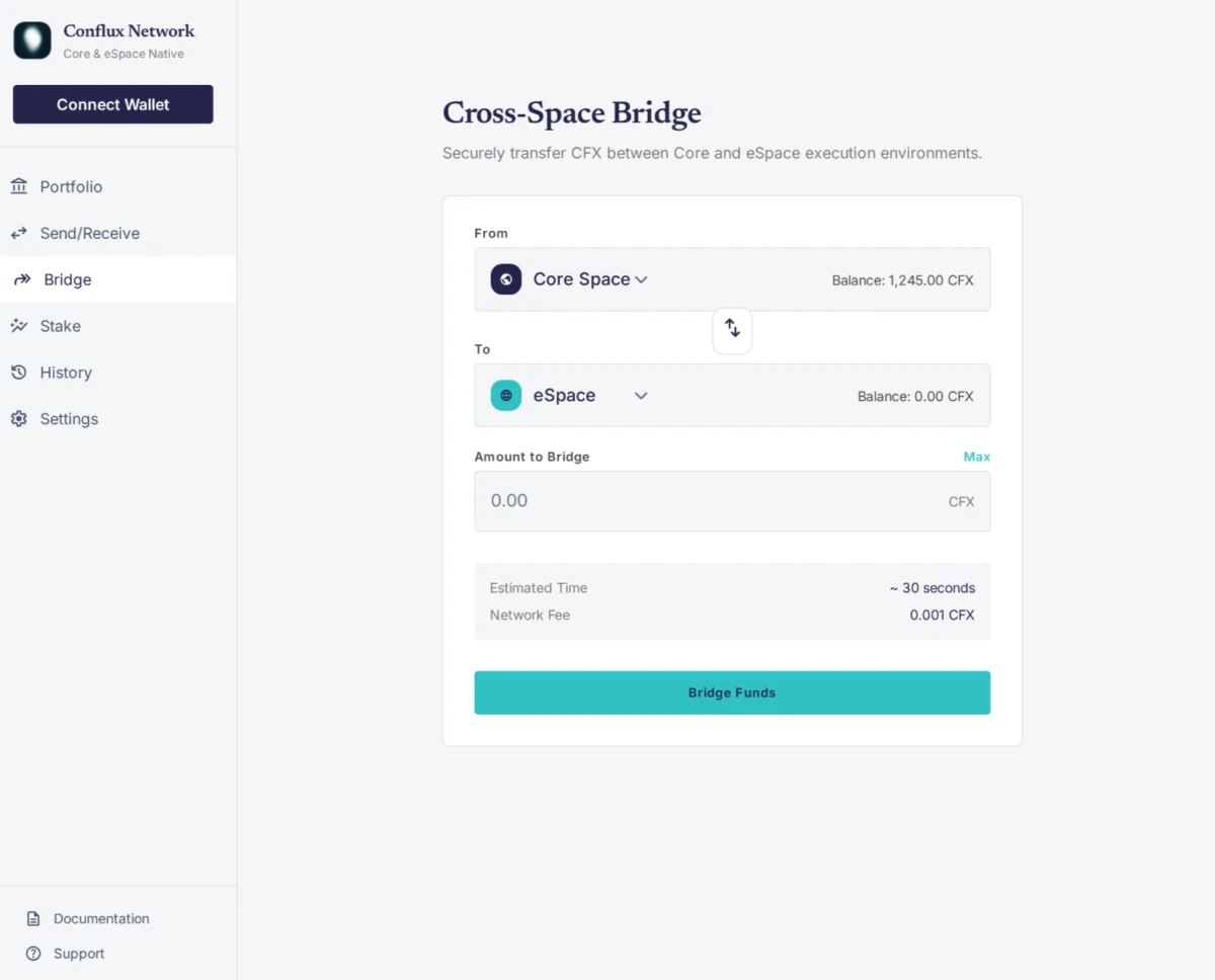 Conflux Wallet cross-space bridge UI showing CFX transfer from Core Space to eSpace with estimated time and network fee