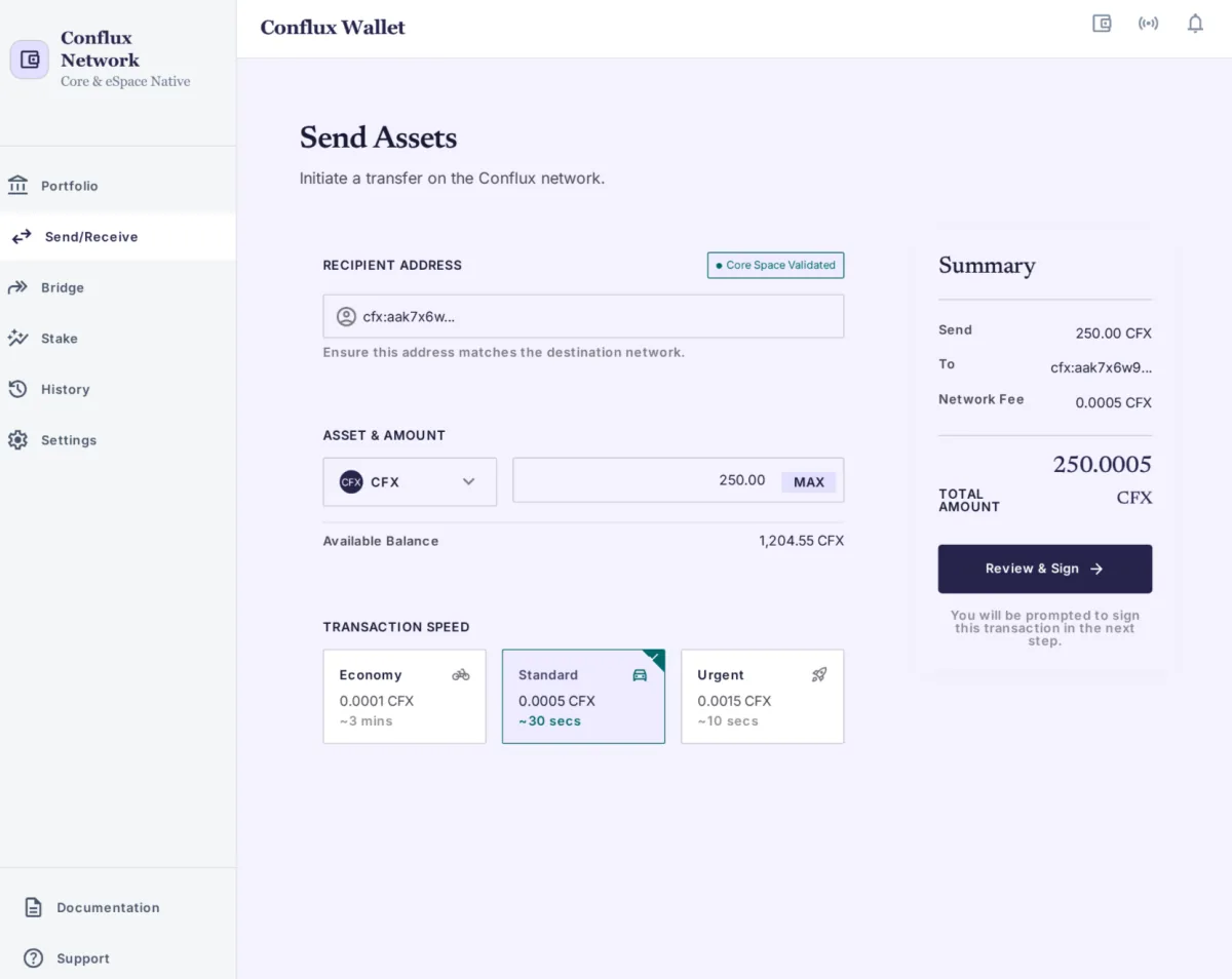 Send CFX from Conflux Wallet showing recipient address validation, asset selector, and Economy, Standard, and Urgent transaction speed options